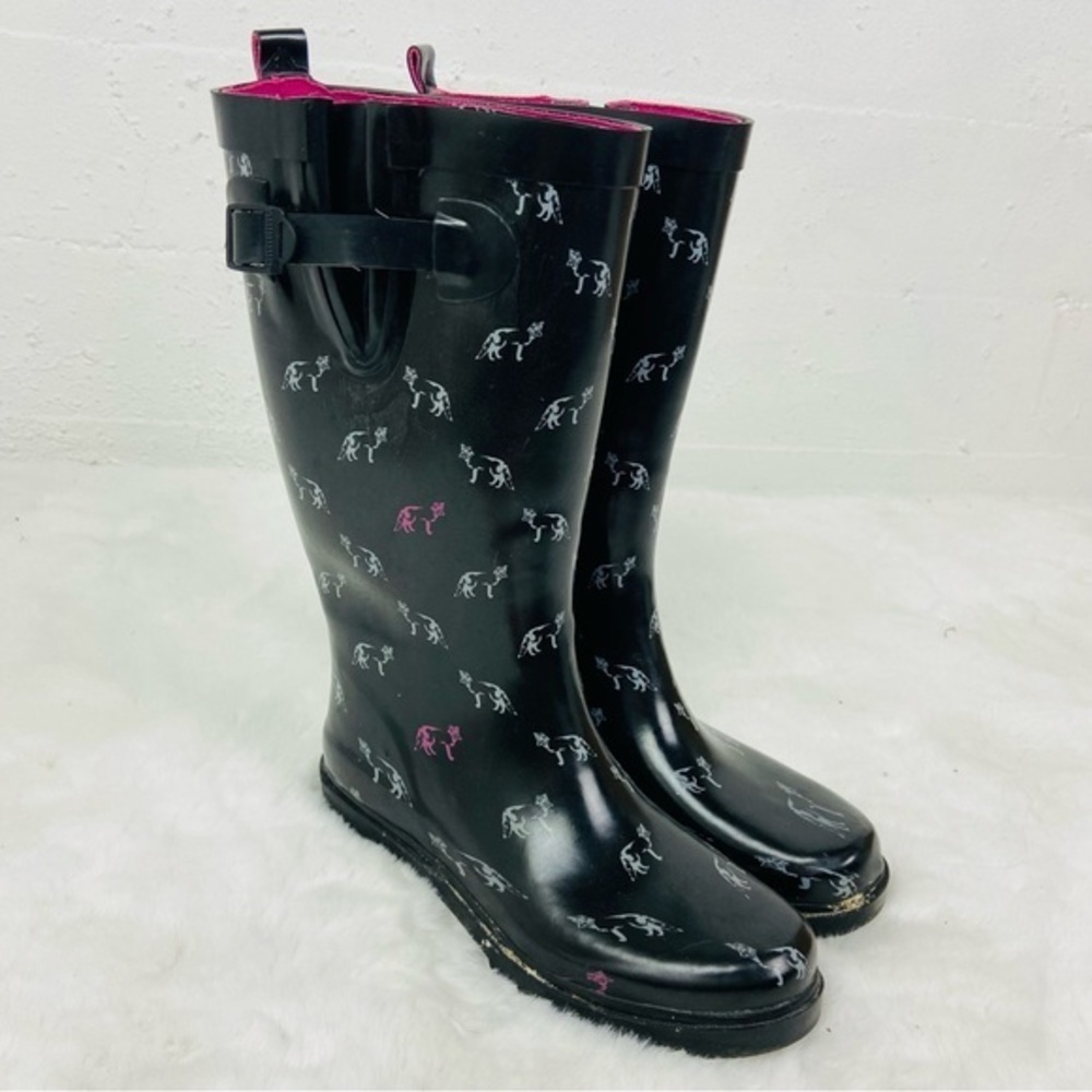Capelli of New York Black waterproof Rain Boots with Pink Lining and Dog Print 8